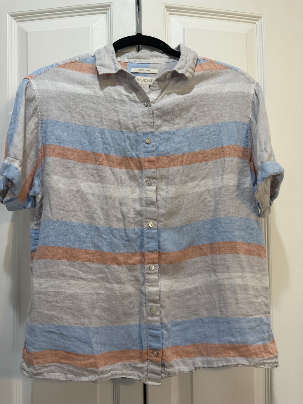 Cynthia Rowley Women’s 100% Linen Short Sleeve Striped Button Up Top Size Small
